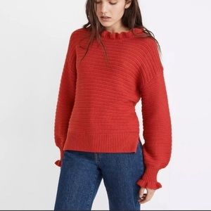 Madewell Ruffle-Neck Pullover Sweater Cotton-Merino Yarn Red Size Large